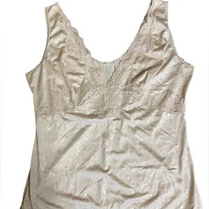 123* Illusion Lace-Trim Satin Chemise camisole Champagne lace trim V neck 1990